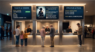 Informationsdisplays über dem Kassenbereich im Theater