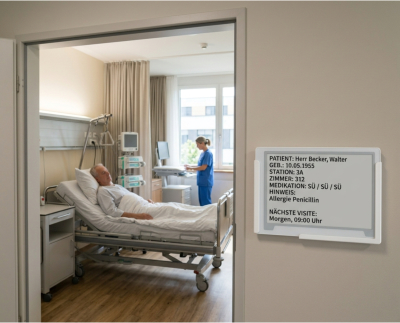 Digitales Türschild mit  Patienteninformationen an der Zimmertüre