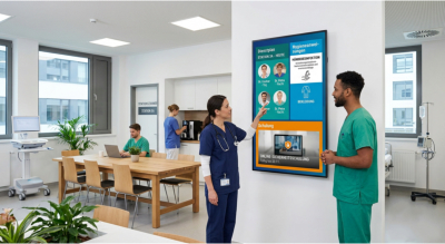 Digitales Display mit Mitarbeiterinformationen in Praxen